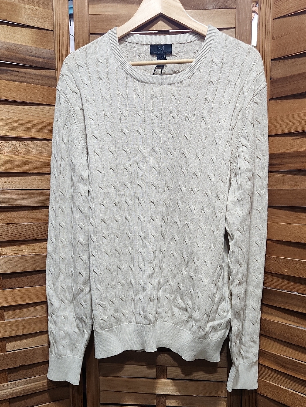 NWT Magaschoni Cable Crewneck Sweater Men XL Oatmeal Heather Cotton Tan Beige